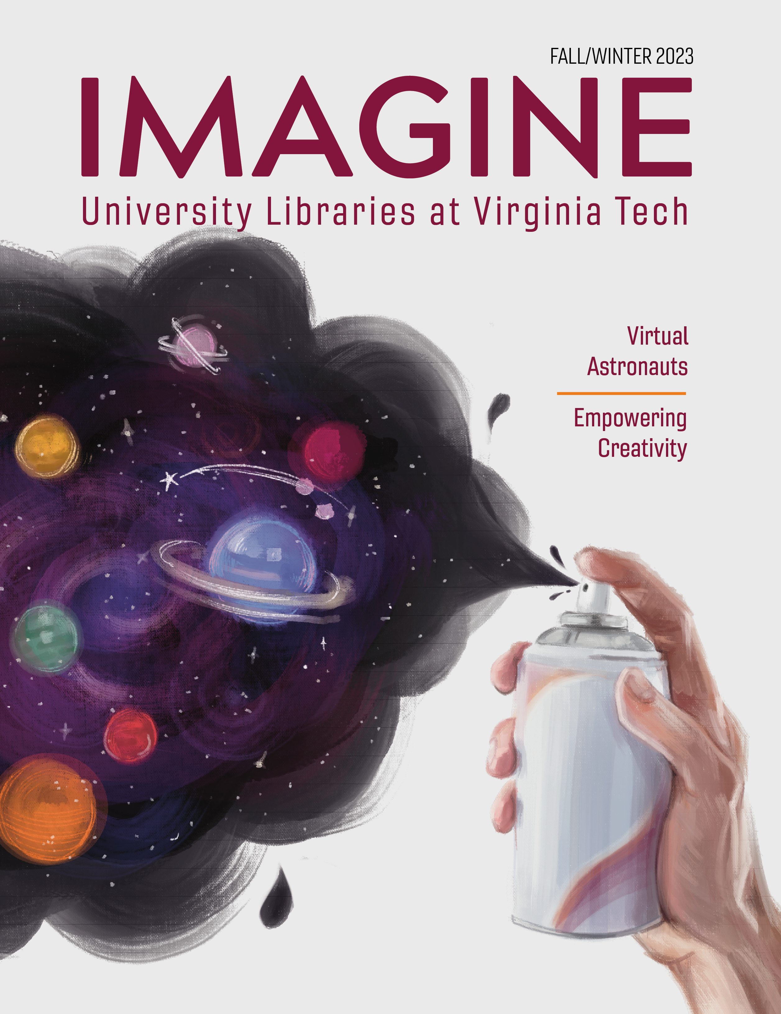 Imagine Magazine_Fall/Winter 2023 cover.  Illustration of spray paint can with space painting