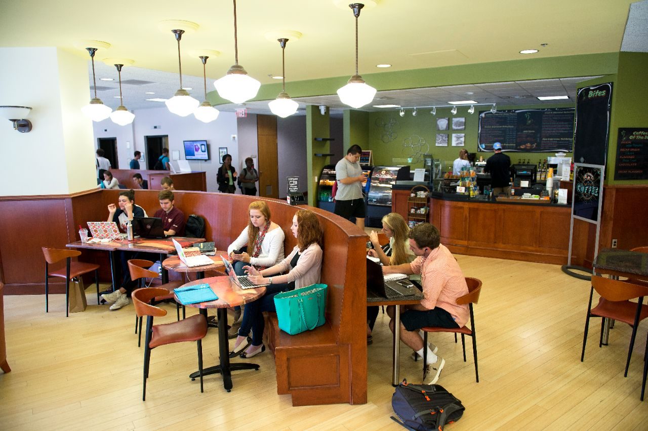 Students studying in a cafe.