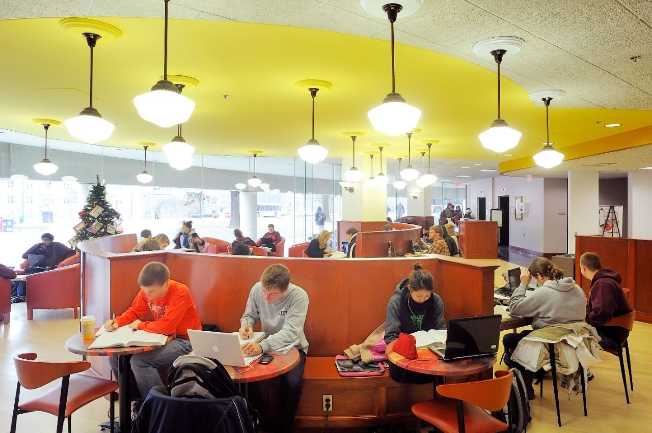 Students studying in a cafe.