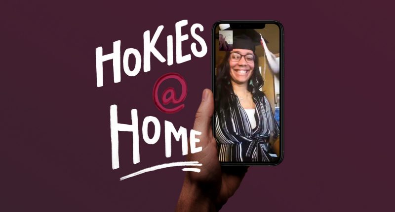 Video chat of a graduate smiling at the camera. Hokies@Home is hand lettered next to the phone.