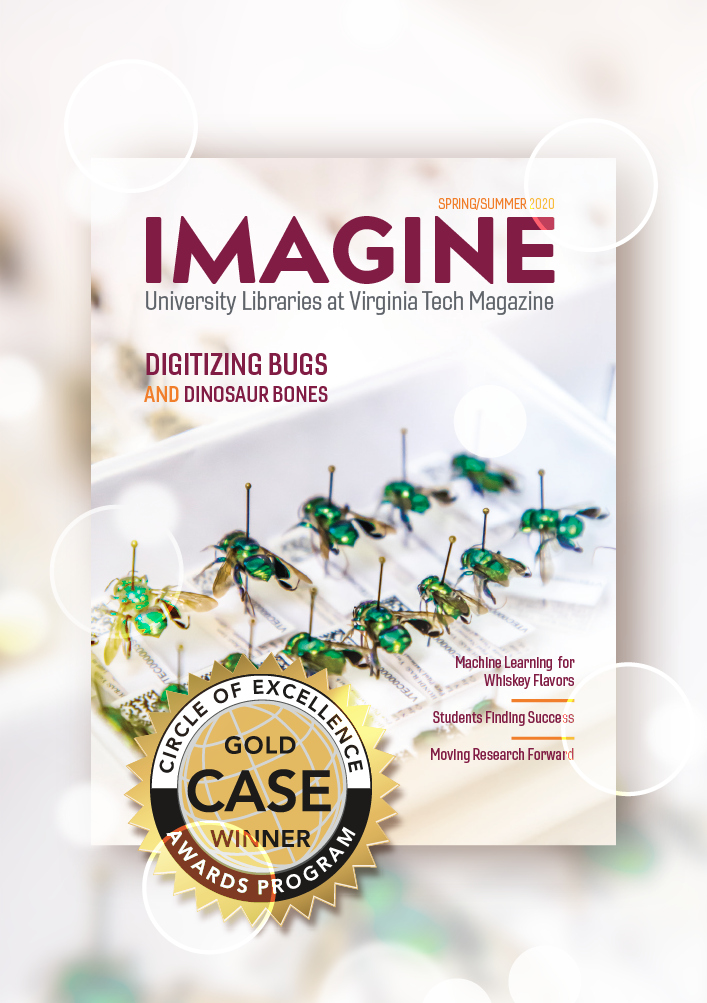 Cover of Imagine Magazine Spring/Summer 2020 edition with a gold seal graphic and the text "Circle of excellence award program, Gold CASE winner."