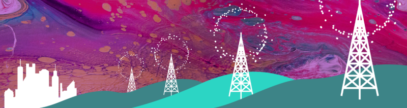 Graphic radio towers stretch to the horizon, sending information to a distant city.