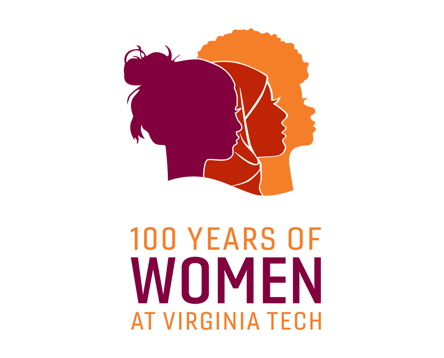 An illustration of silhouette profiles of three women all looking to the right; one with an afro, one with a hijab, and one with a messy bun. Underneath is a caption “100 Years of Women at Virginia Tech”.