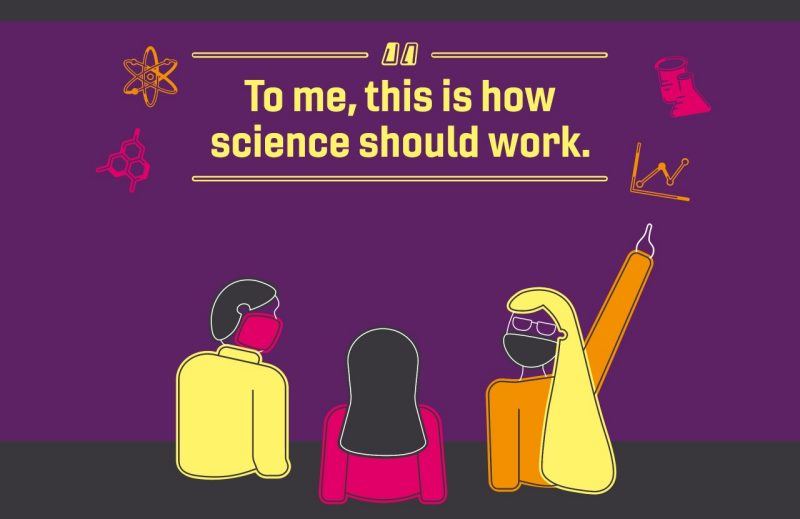 "To me, this is how science should work." Illustration of the three Virginia Tech authors rendered in Virginia Tech brand colors with a molecule structure, graph, beakers, and an atom.