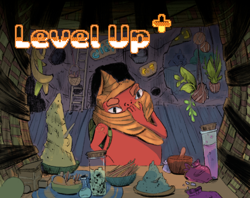 An illustration of a fantasy creature, an anthropomorphized red toad in an orange headdress, standing in a room filled with plants, potions, and spices. Video-game styled text floats over the creature's head reads "Level up".