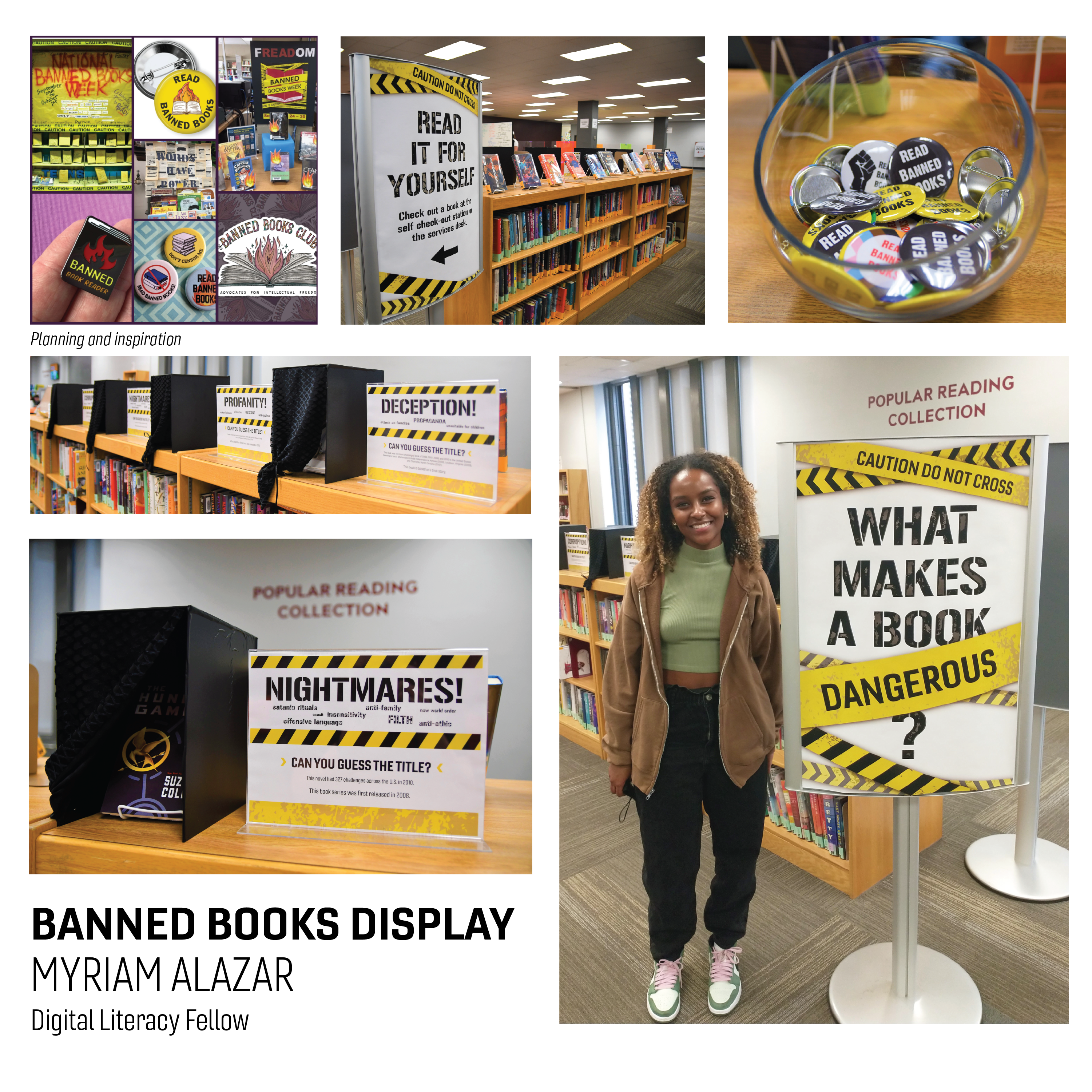student with a banned books display