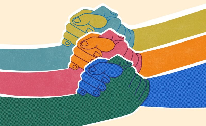 Illustration of 3 pairs of multicolored hands clasped together.