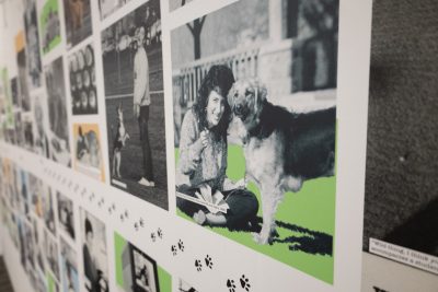 A wall of the exhibit that displays pictures of dogs and their Hokie owners.