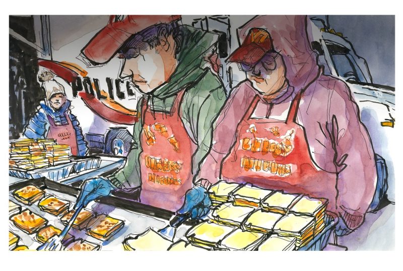 An illustration of Cheesy Nights volunteers grilled grilled cheese sandwiches.