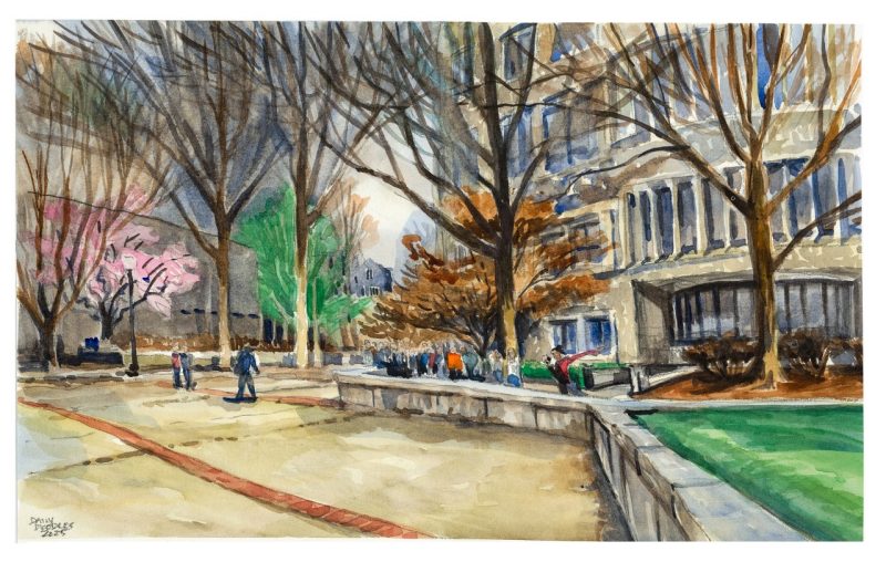 Art depicting Newman Library in the spring.