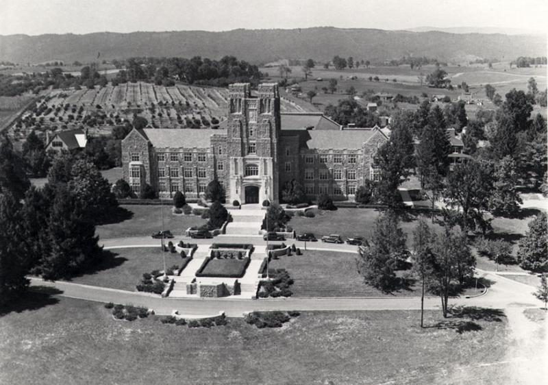 An old photograph of Burruss Hall.