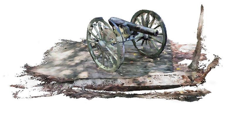 A cannon sits in a forested area.