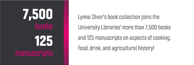 Lynne Oliver's book collection joins the University Libraries' more than 7,500 books and 125 manuscripts on aspects of cooking, food, drink, and agricultural history!
