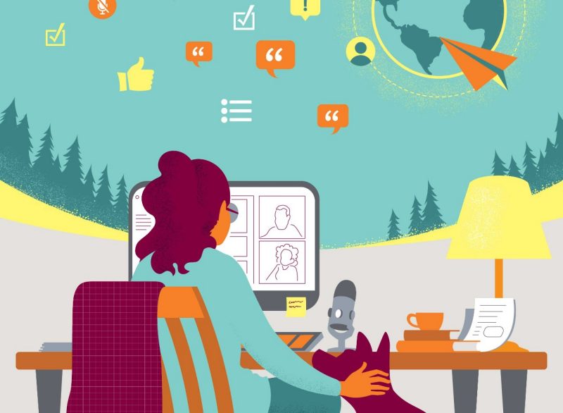 Illustration of a person sitting at her desk with her dog's head rested on her lap. Digital icons surround.