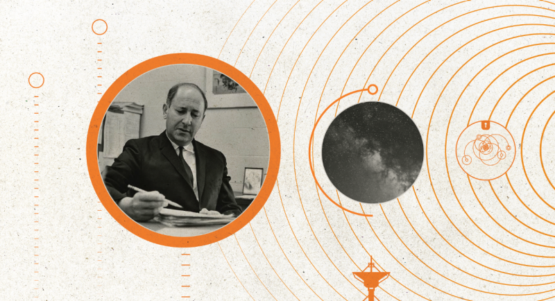 Two photos, one of a man in a suit reviewing a stack of papers and the other of the Milky Way galaxy, float on an illustration of shockwaves, orbiting stars, particles, and a satellite dish.