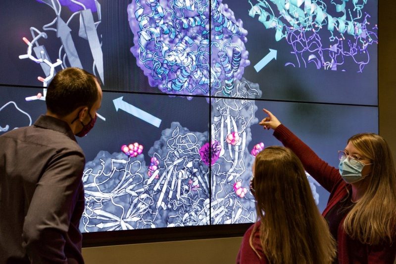 The three Virginia Tech authors stand in front of a video wall discussing a COVID protein being displayed.