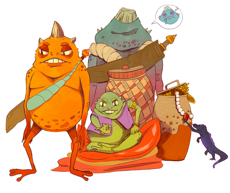 An illustration of a group of fantasy creatures of different kinds gathered together with weapons and barrels of treasure and fabric.